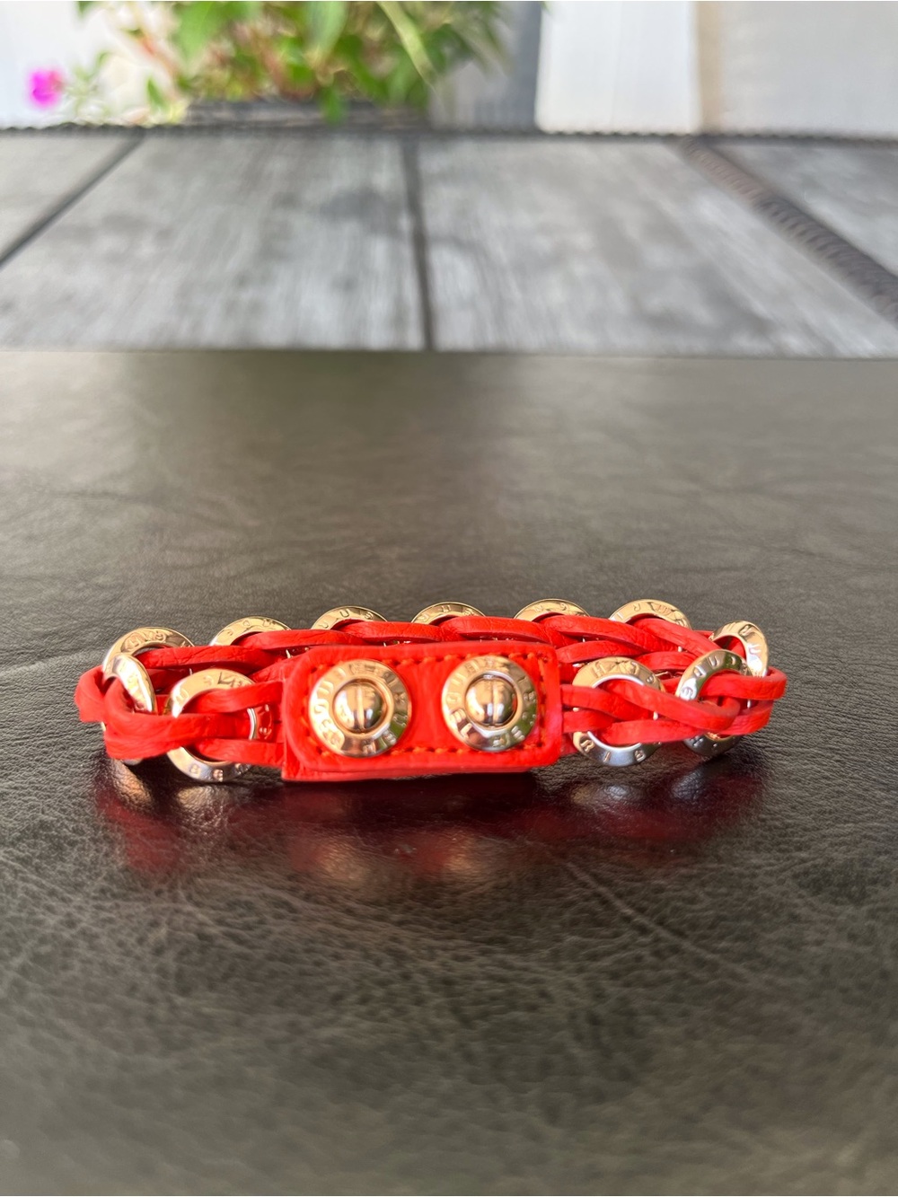 Henri Bendel Orange Leather Braided Bracelet with Rose Gold Rings NWOT